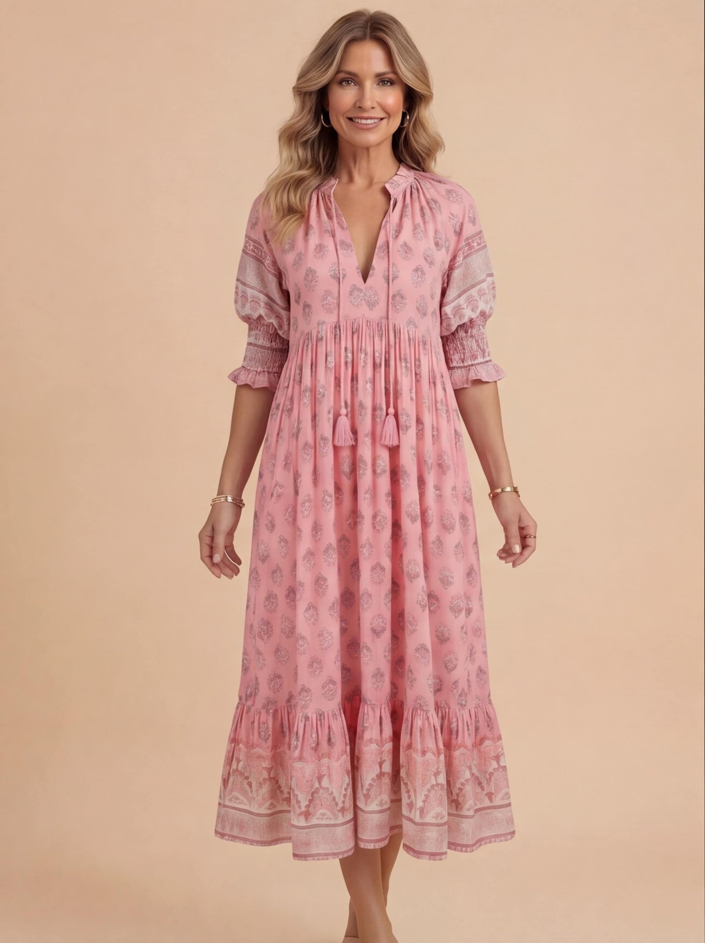 Abito Midi Boho con Stampa per Donne – Abito Estivo Leggero con Scollatura a V e Dettagli a Volant