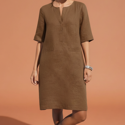 Vestito in lino semplice per donne – Abito estivo leggero con maniche a metà e scollo a V
