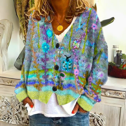 Giacca a maglia Boho per donne con motivo floreale colorato – Cardigan morbido con scollo a V per look quotidiani eleganti