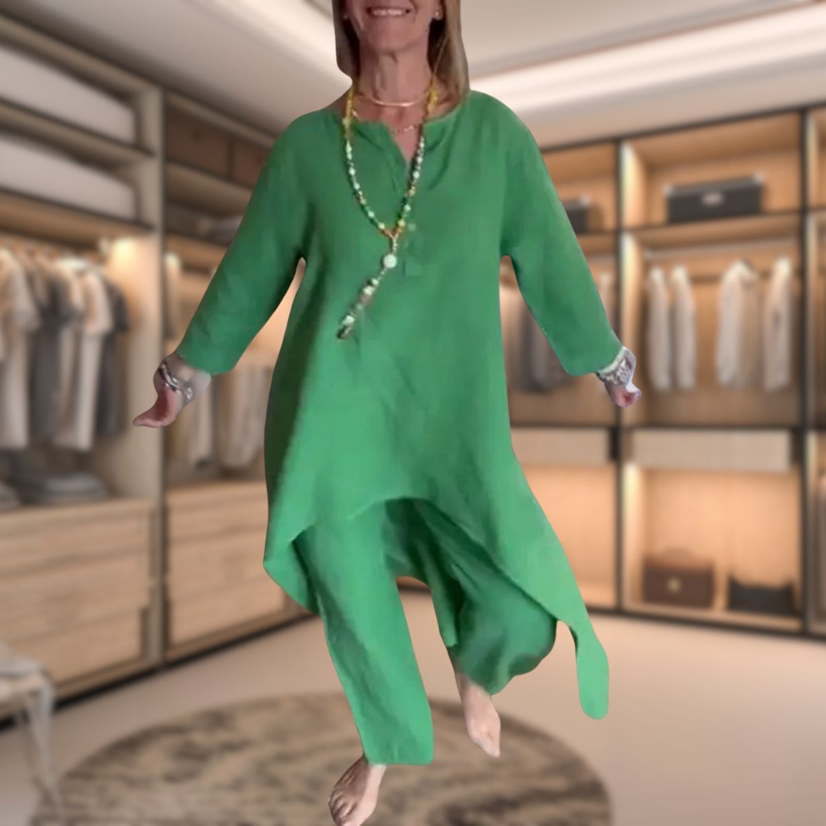 Ambrélya - Ensemble di Comfort Doppio per Donna: Abito Camicia con Maniche a Tre Quarti e Pantaloni Comodi Monocromatici