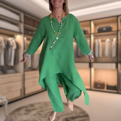 Ambrélya - Ensemble di Comfort Doppio per Donna: Abito Camicia con Maniche a Tre Quarti e Pantaloni Comodi Monocromatici
