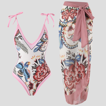 Set costume da bagno con pareo – stampa tropicale e elegante outfit da spiaggia per donne