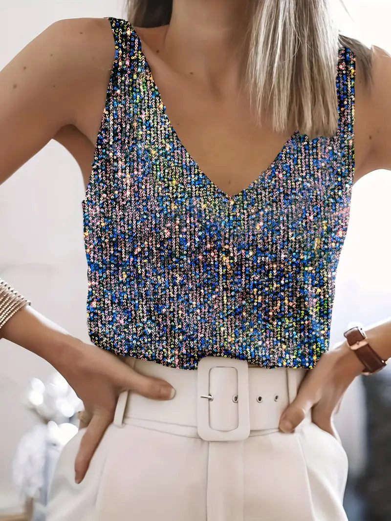 Délisse - Top estivo senza maniche con paillettes e scollatura a V per donne