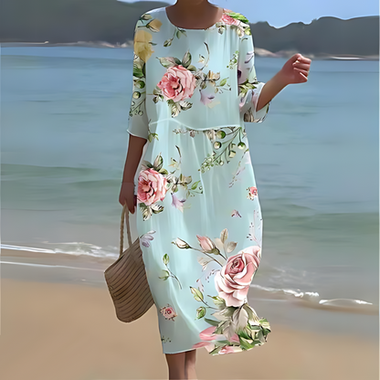 Briselle - Abito Maxy Elegante e Leggero con Stampa Floreale e Maniche a Tre Quarti