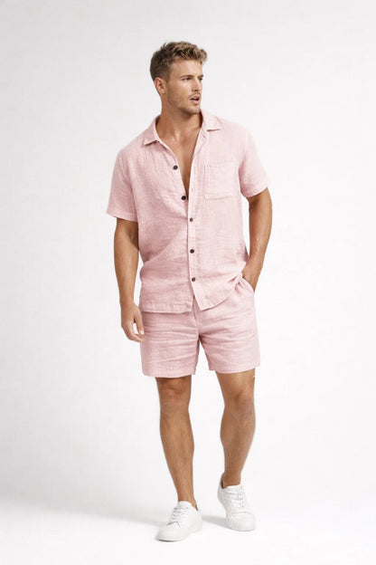 Set in lino casual con camicia a maniche corte per uomo – Outfit estivo a due pezzi traspirante