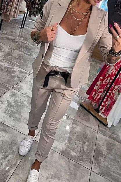 Completo blazer da donna moderno con pantaloni elasticizzati – Elegante outfit a 2 pezzi per ufficio e tempo libero