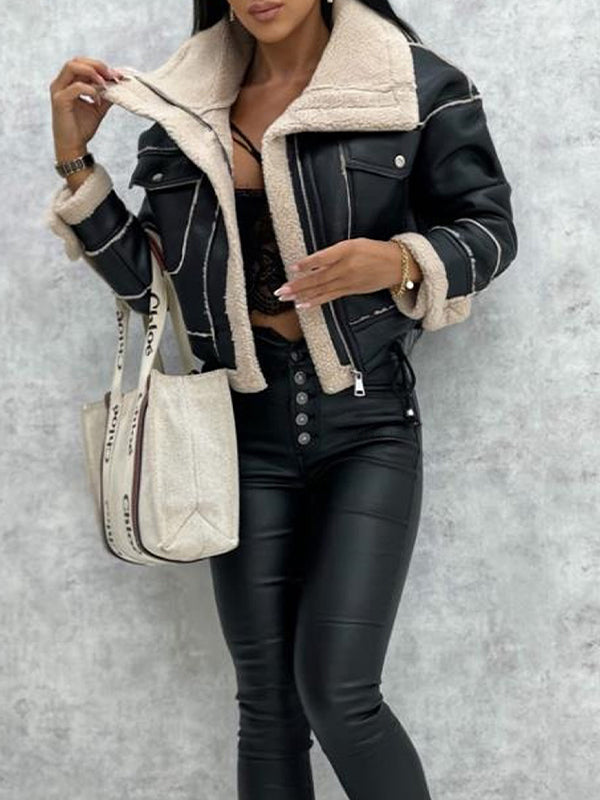 Aubrée - Giacca primaverile elegante e femminile in ecopelle con fodera in peluche, tasche con zip e colletto