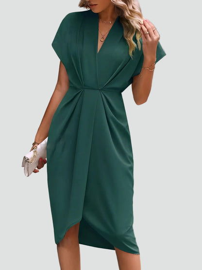 Abito midi aderente con drappeggio – Elegante vestito con scollo a V per donne