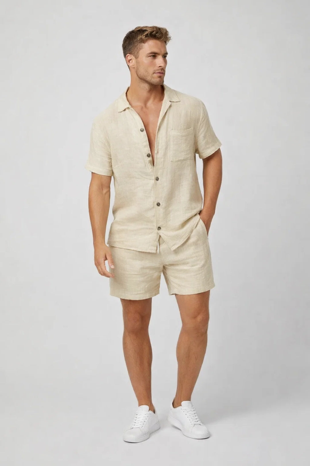 Set in lino casual con camicia a maniche corte per uomo – Outfit estivo a due pezzi traspirante