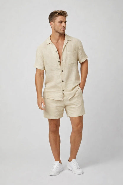 Set in lino casual con camicia a maniche corte per uomo – Outfit estivo a due pezzi traspirante