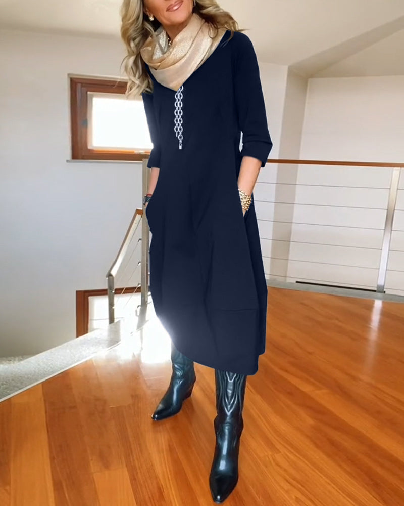 Claire - Abito midi elegante e comodo con scollo a barca, maniche 3/4 e tasche