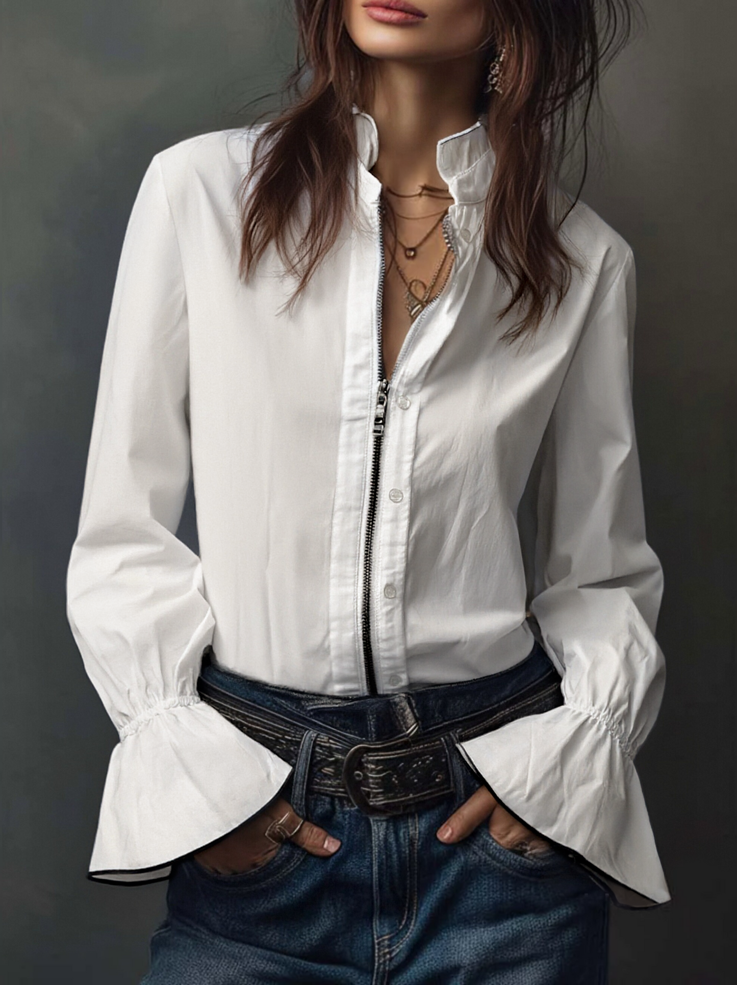 Ambréline - Blusa Bianca Romantica per Donne con Maniche Lunghe e Ampie