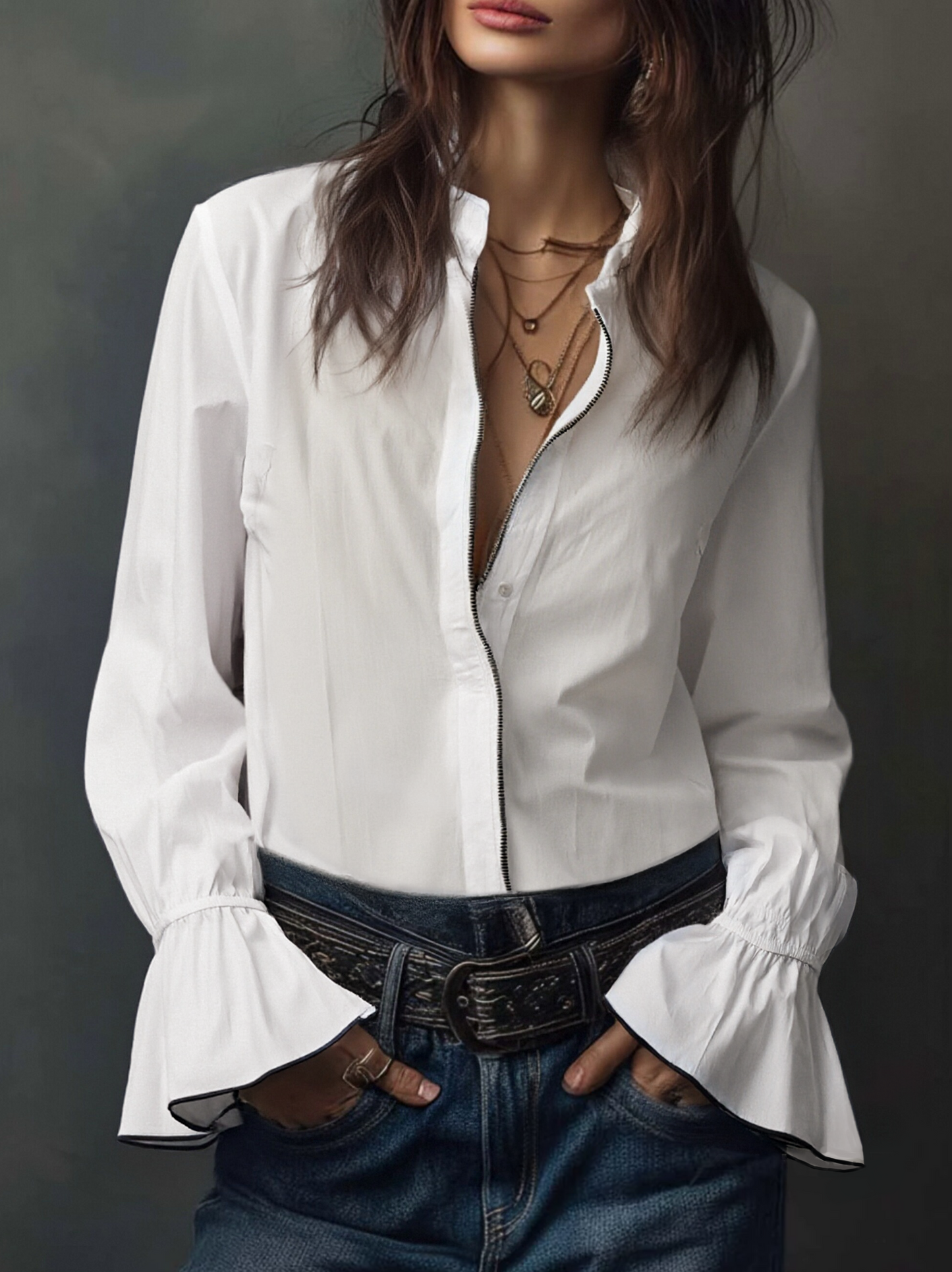 Ambréline - Blusa Bianca Romantica per Donne con Maniche Lunghe e Ampie