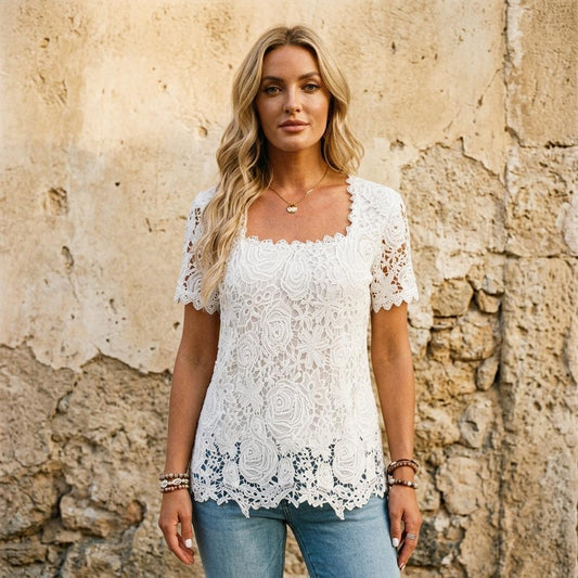Elegante blusa in pizzo per donne – Maglietta leggera a maniche corte con taglio femminile