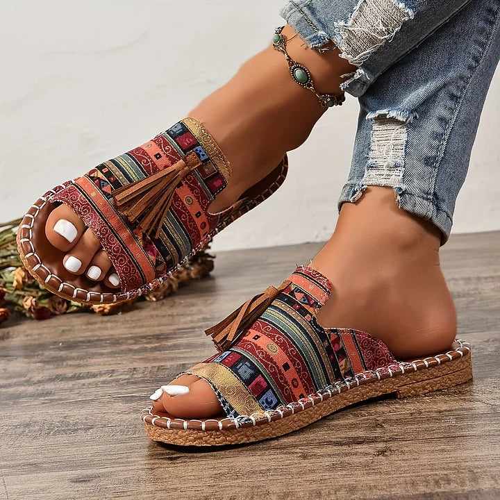 Sandali Boho con Frange per Donna – Comode Ciabatte Estive con Stampa Ethno