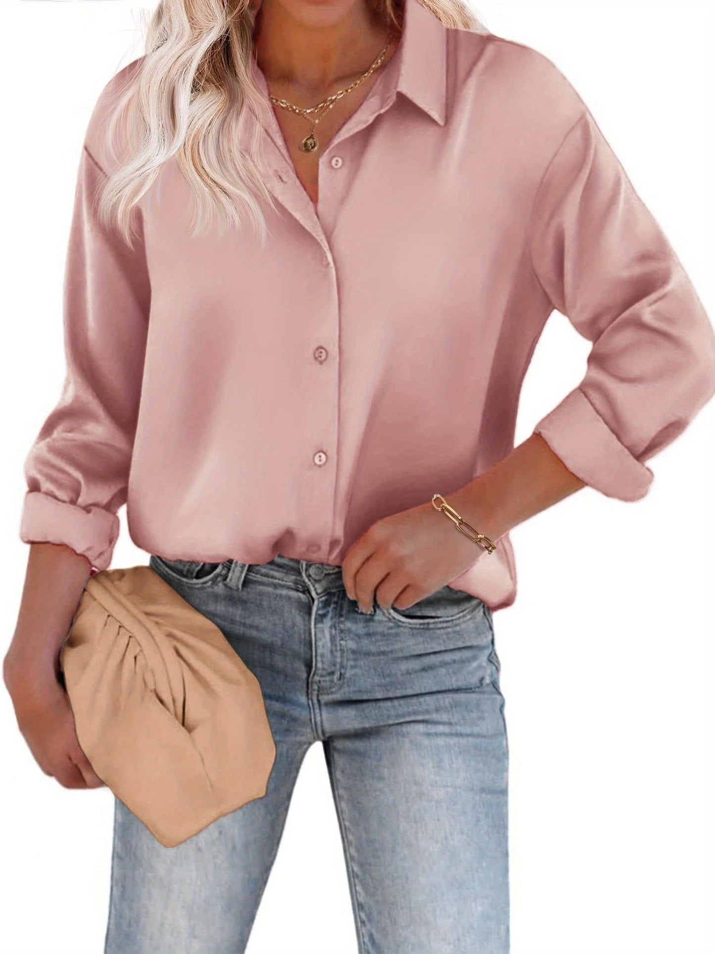 Amélina - Blusa leggera in satin colorato con bottoni e maniche lunghe
