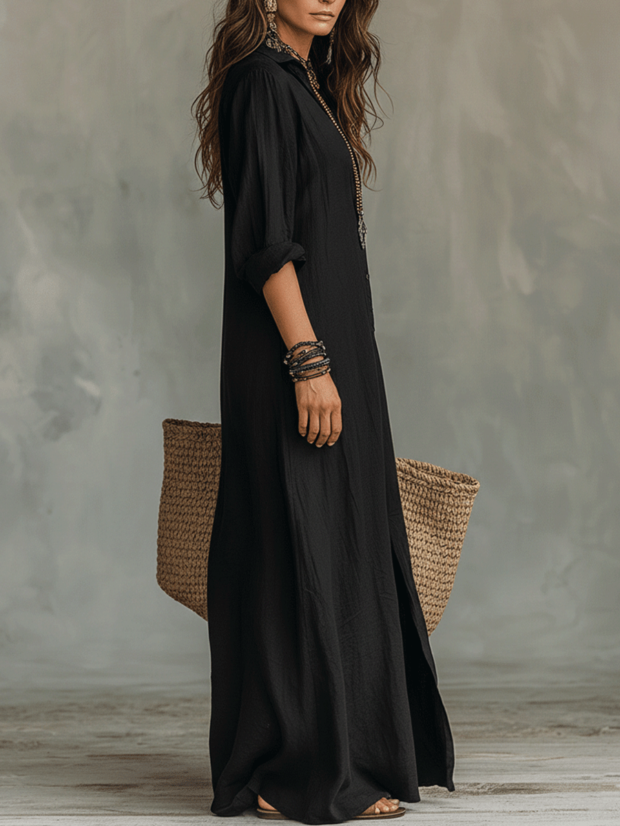 Abito maxi casual con bottoni per donne – Abito camicia morbido in stile Boho