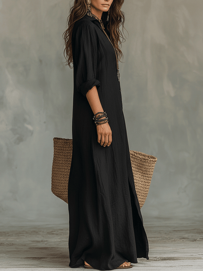 Abito maxi casual con bottoni per donne – Abito camicia morbido in stile Boho
