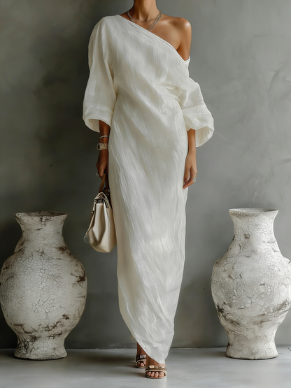 Sabine - Abito Maxy Avorio con Spallina in Cotone-Lino