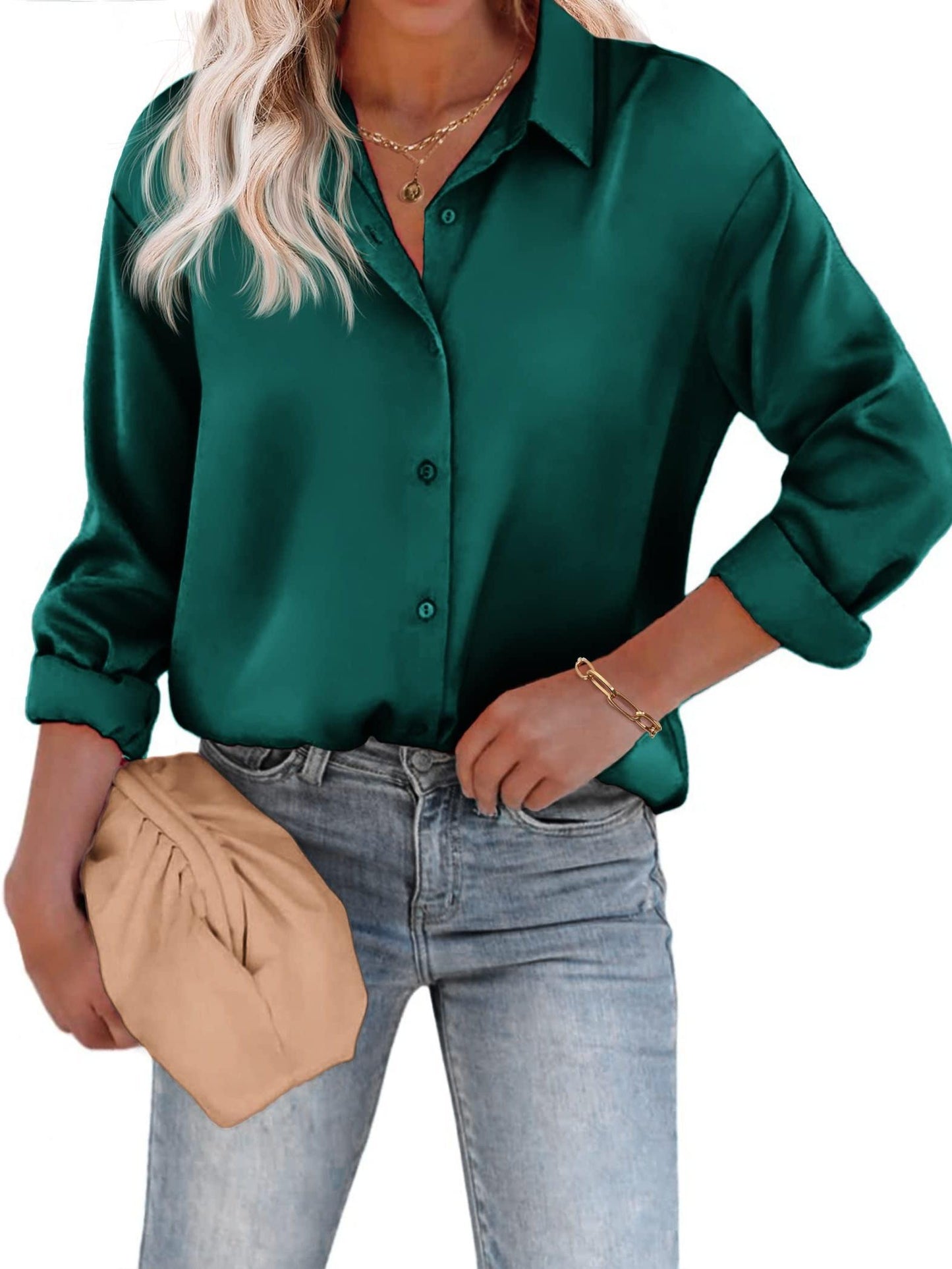 Amélina - Blusa leggera in satin colorato con bottoni e maniche lunghe