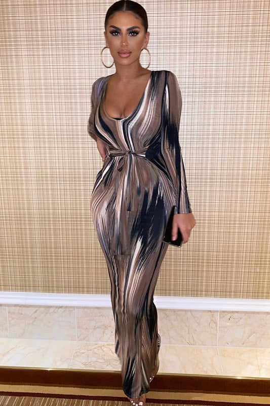 Béryl - Maxidress in Marrone con Scollo Profondo, Legato Davanti, Effetto Scolpito
