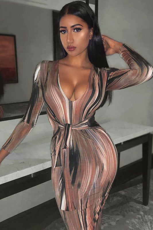 Béryl - Maxidress in Marrone con Scollo Profondo, Legato Davanti, Effetto Scolpito