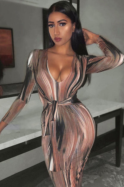 Béryl - Maxidress in Marrone con Scollo Profondo, Legato Davanti, Effetto Scolpito