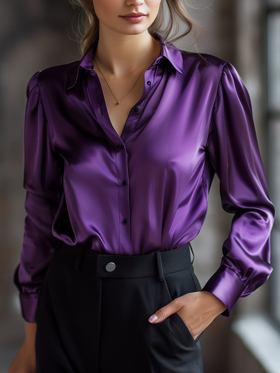 Avelina - Elegante blusa in satin nero con maniche lunghe per donne