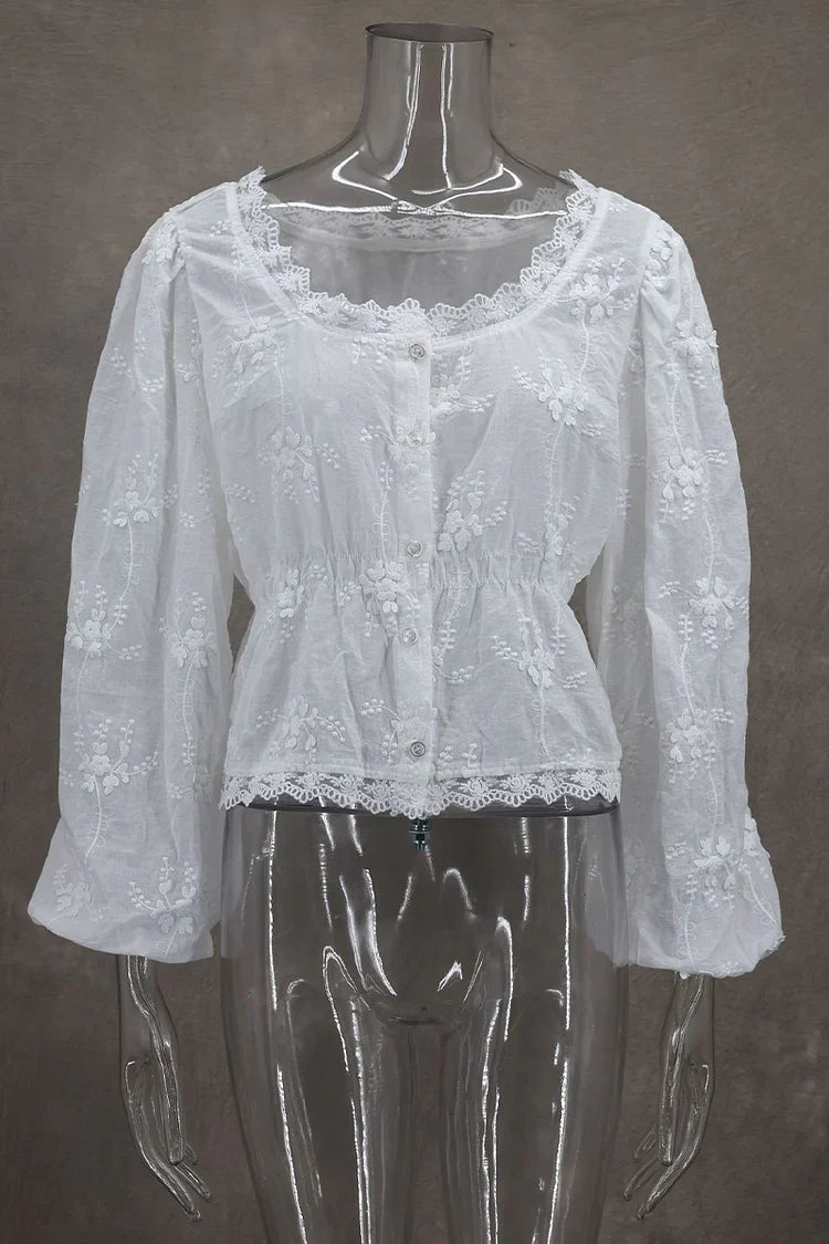 Joséphine - Blusa Primavera Bohemien Romantica in Pizzo con Maniche Lunghe e Dettagli Floreali per Donne
