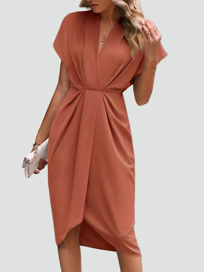 Abito midi aderente con drappeggio – Elegante vestito con scollo a V per donne