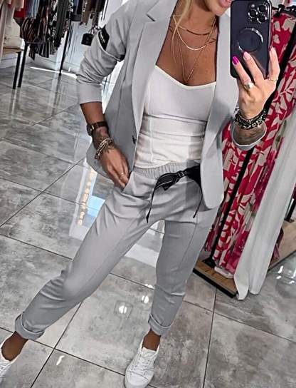 Completo blazer da donna moderno con pantaloni elasticizzati – Elegante outfit a 2 pezzi per ufficio e tempo libero