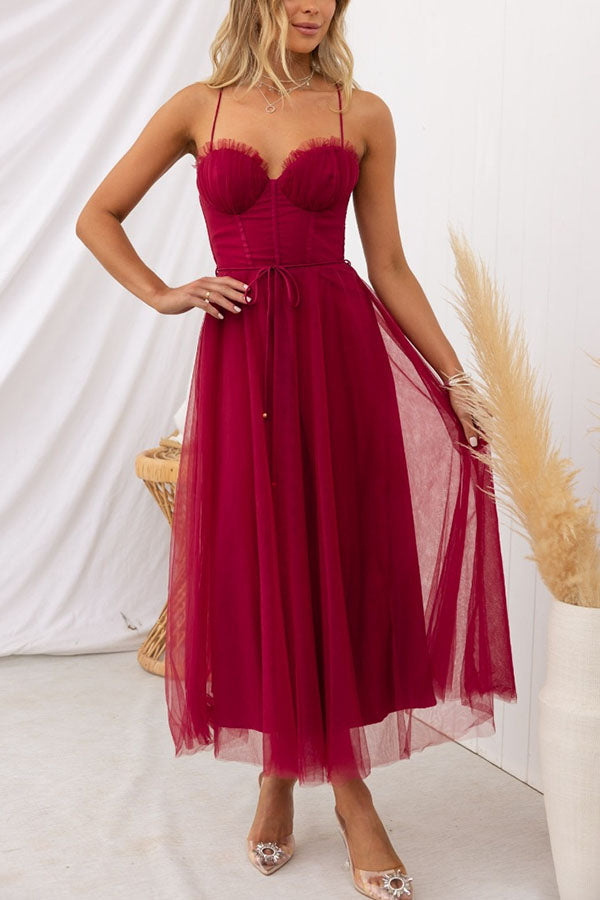Aurélina - Abito Midi Estivo con Corsetto per Donne, Gonna in Tulle e Spalline a Spaghetti