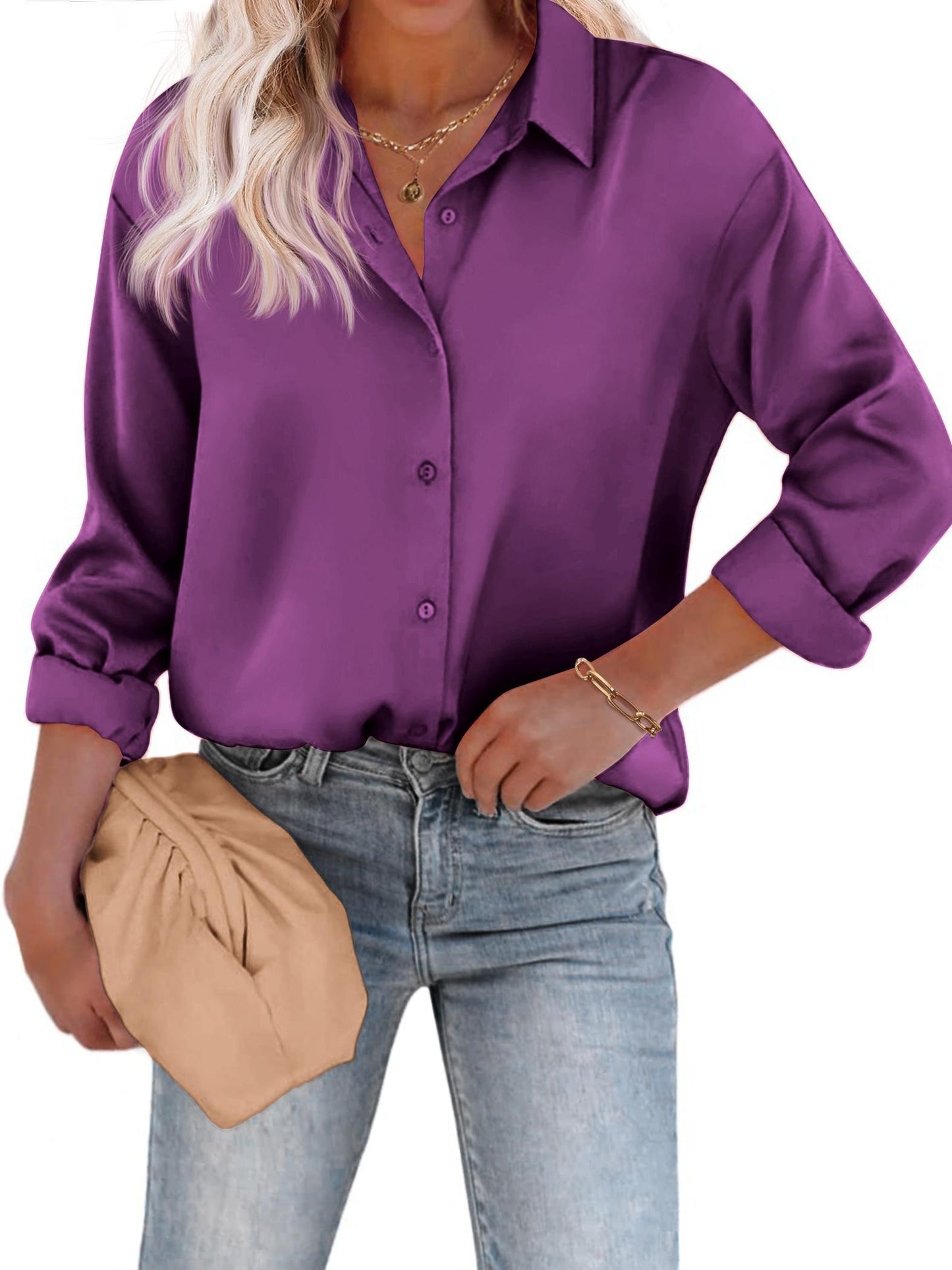 Amélina - Blusa leggera in satin colorato con bottoni e maniche lunghe