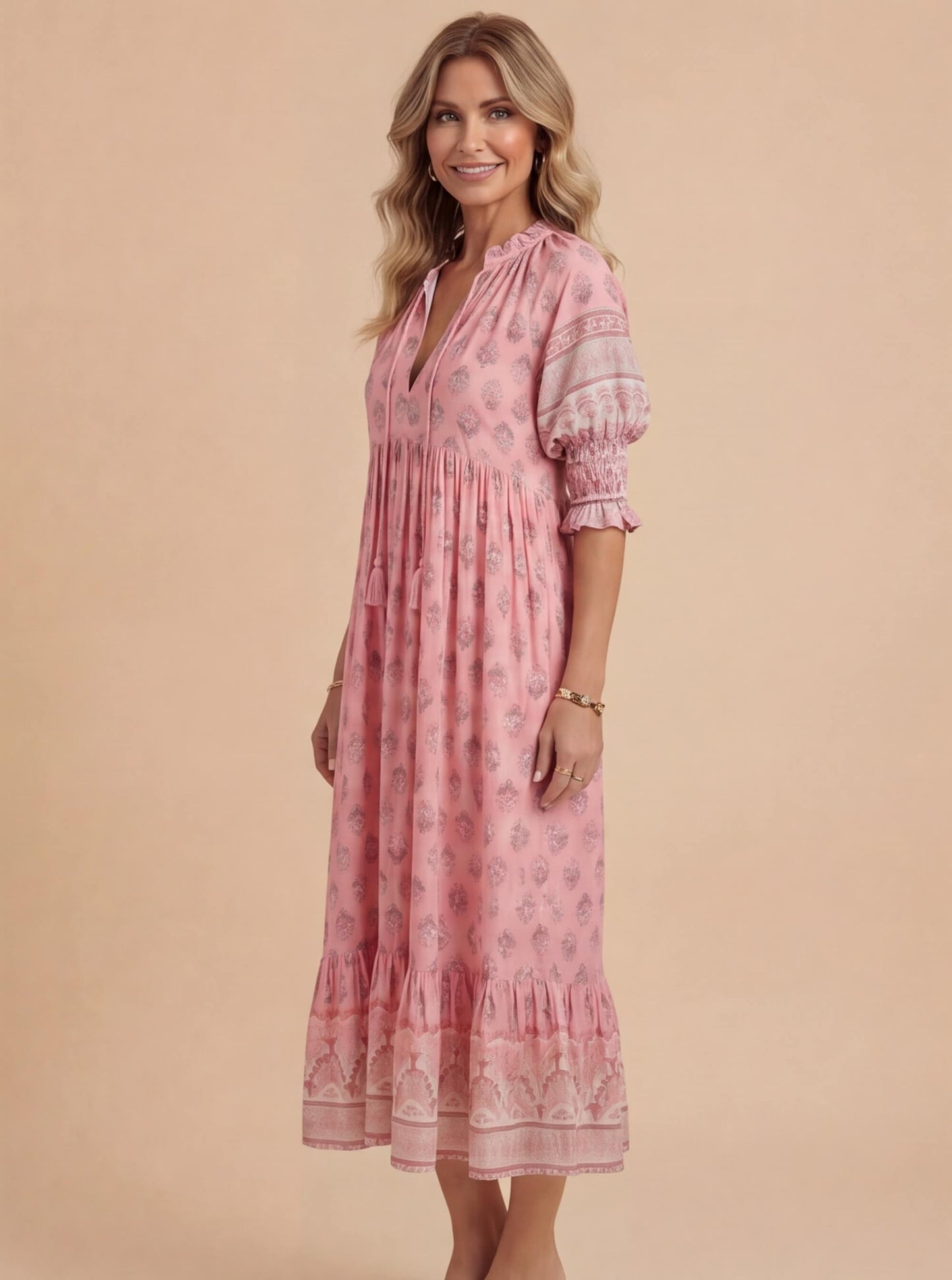 Abito Midi Boho con Stampa per Donne – Abito Estivo Leggero con Scollatura a V e Dettagli a Volant