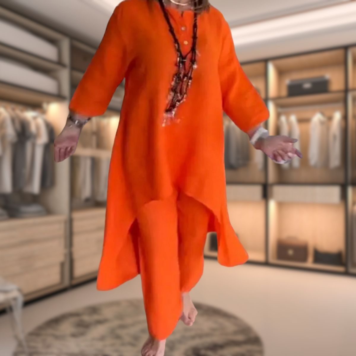 Ambrélya - Ensemble di Comfort Doppio per Donna: Abito Camicia con Maniche a Tre Quarti e Pantaloni Comodi Monocromatici