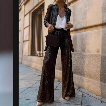 Set di Paillettes Brillanti per Donne – Elegante Due Pezzi con Pantaloni Larghi