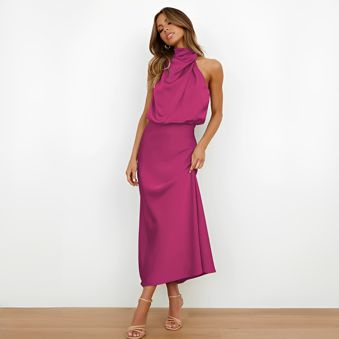 Aurivine - Elegante abito lungo in seta con scollo all'americana e vita sagomata | Fai colpo questa primavera e estate
