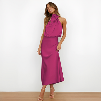 Aurivine - Elegante abito lungo in seta con scollo all'americana e vita sagomata | Fai colpo questa primavera e estate