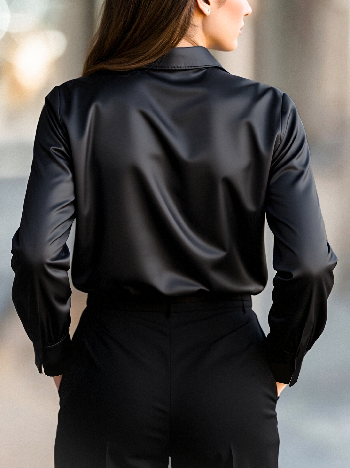 Avelina - Elegante blusa in satin nero con maniche lunghe per donne