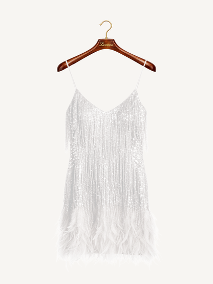 Elegante Abito con Paillettes e Frange per Donne – Glamouroso Abito da Cocktail per Feste con Orlo di Piume