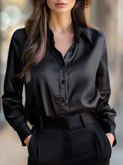 Avelina - Elegante blusa in satin nero con maniche lunghe per donne