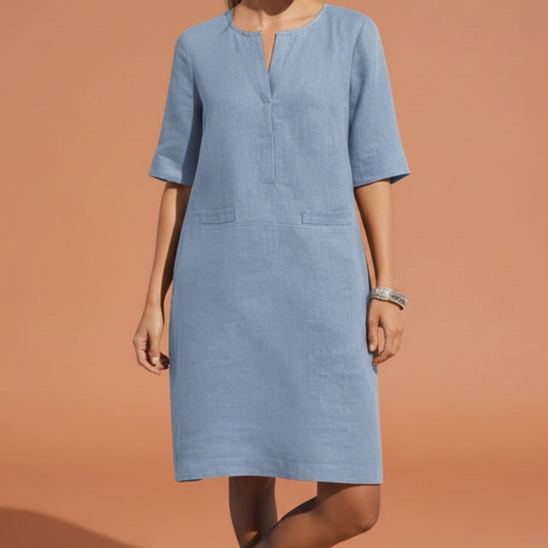 Vestito in lino semplice per donne – Abito estivo leggero con maniche a metà e scollo a V