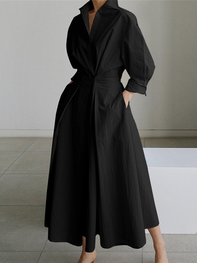 Elegante vestito midi a camicia per donne con vita sagomata e taglio fluido