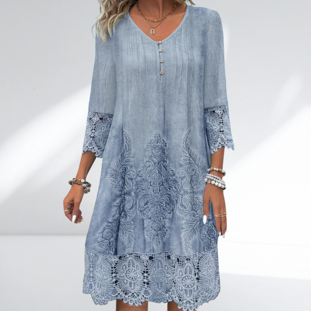 Abito midi elegante con pizzo per donne – Vestito estivo morbido con scollatura a V e design ornamentale