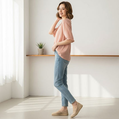 Leggera blusa estiva da donna con colletto – Blusa corta in stile lino