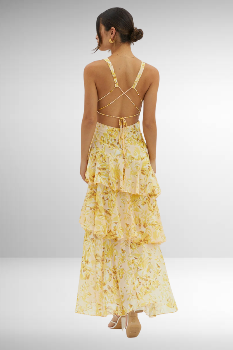 Abito Maxi Fluttuante con Volant e Profondo Scollatura a V per Donne – Elegante Abito Estivo con Dettaglio sulla Schiena