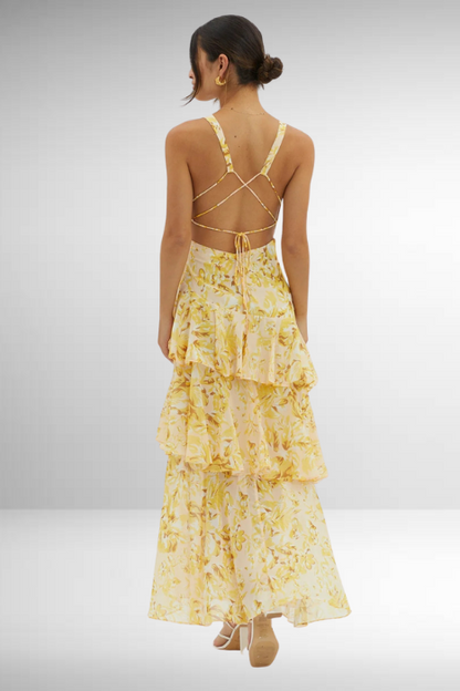 Abito Maxi Fluttuante con Volant e Profondo Scollatura a V per Donne – Elegante Abito Estivo con Dettaglio sulla Schiena