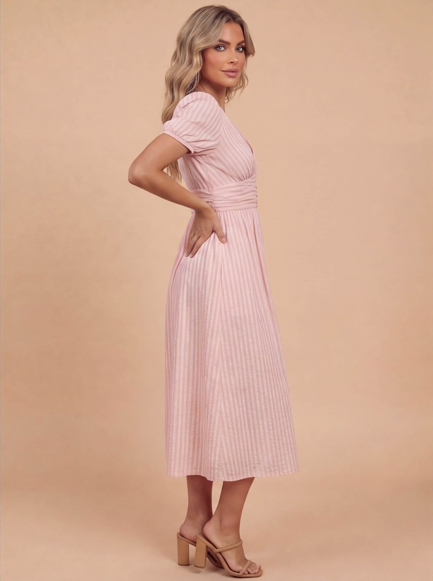 Abito Midi Elegante per Donne – Vestito Estivo con Scollatura a V, Maniche a Palloncino e Vita Sottolineata