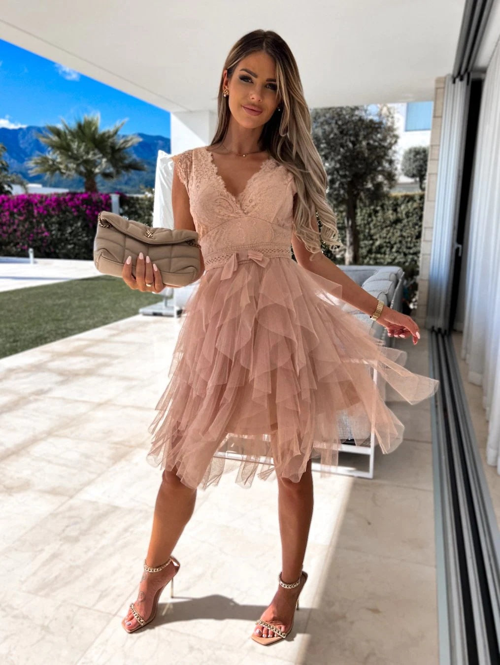 Aélorise - Abito beige da donna con gonna in tulle sovrapposto e top in pizzo