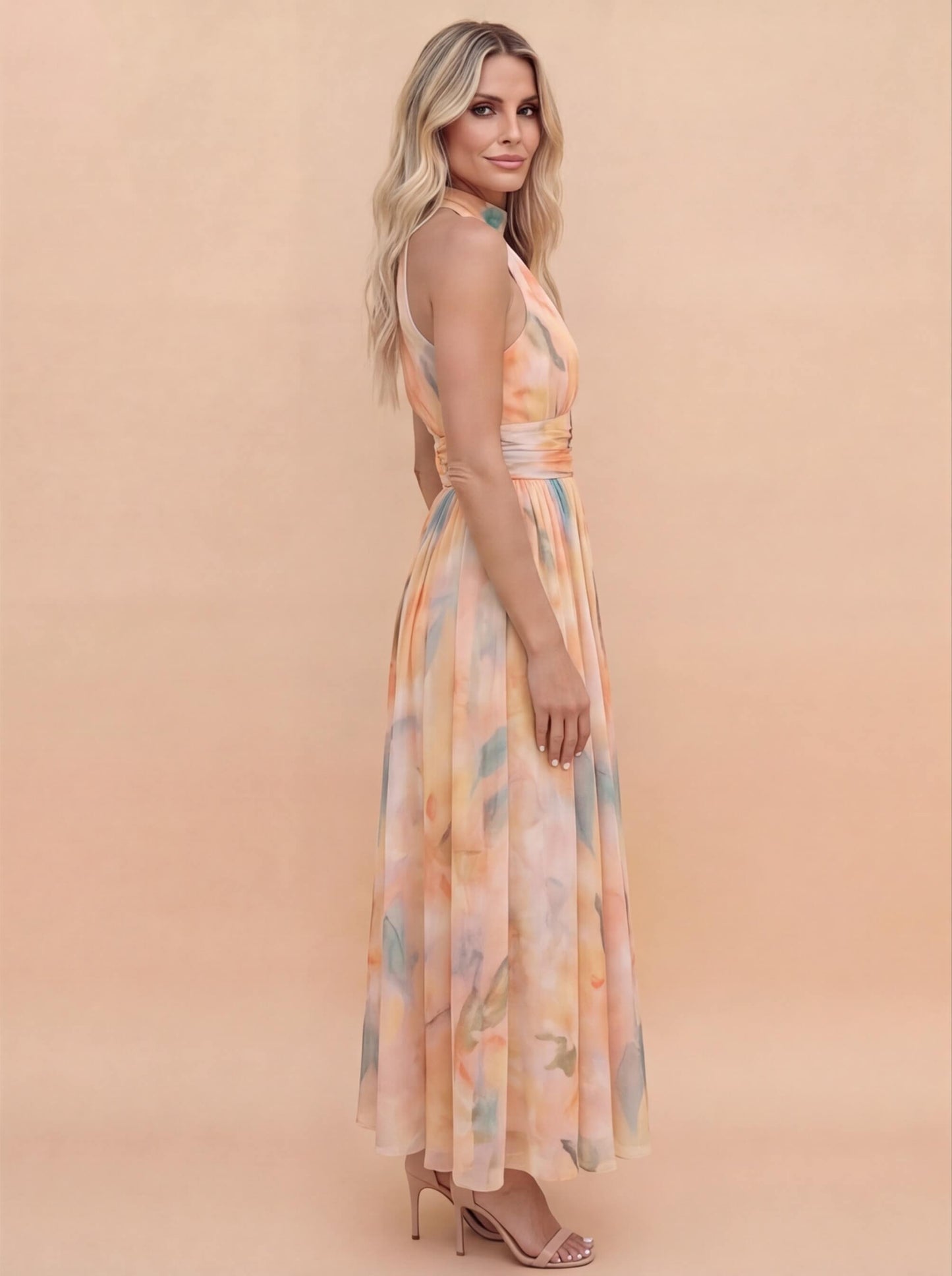 Elegante Maxikleid für Damen – Luftiges Sommerkleid mit Halterneck & fließendem Fall